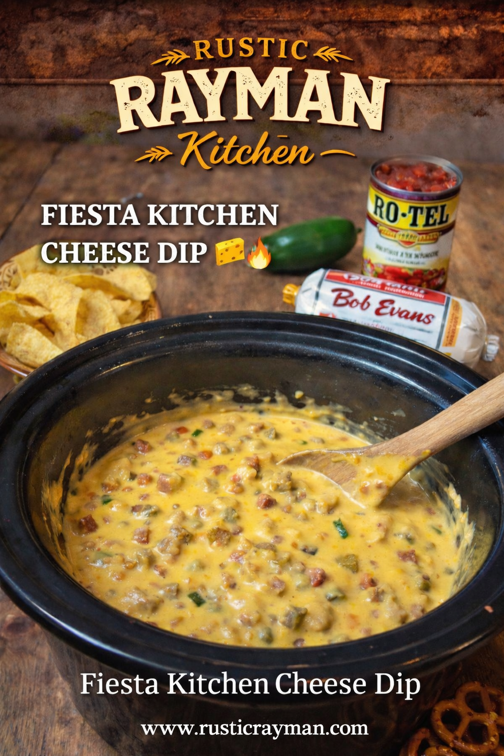 Fiesta Kitchen Cheese Dip - creamy Velveeta sausage and Rotel dip served warm with chips, from Rustic Rayman Kitchen