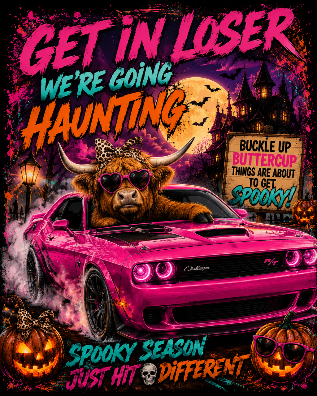 Get In Loser, We’re Going Haunting | Highland Cow Halloween T-Shirt & Crewneck