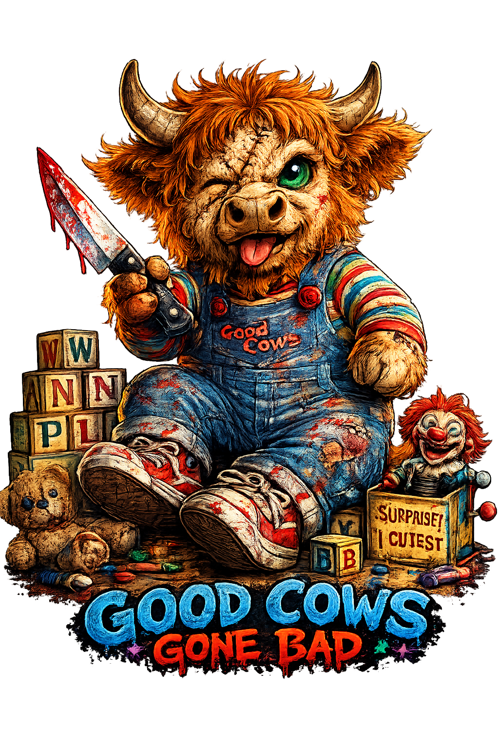 Highland cow as Beetlejuice holding Moo Juice cup