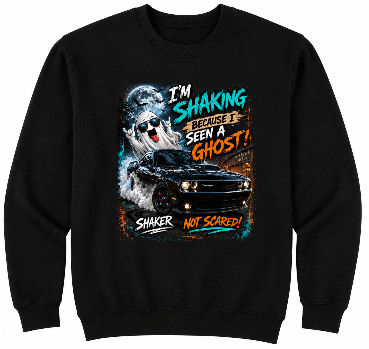 I’m Shaking Because I Seen a Ghost! | Dodge Challenger Shaker Halloween Crewneck & T-Shirt