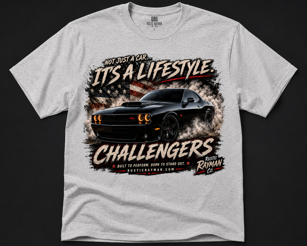 Challenger Performance T-Shirt | Rustic Rayman Performance Collection | Muscle Car Graphic Tee | Car Enthusiast Shirt