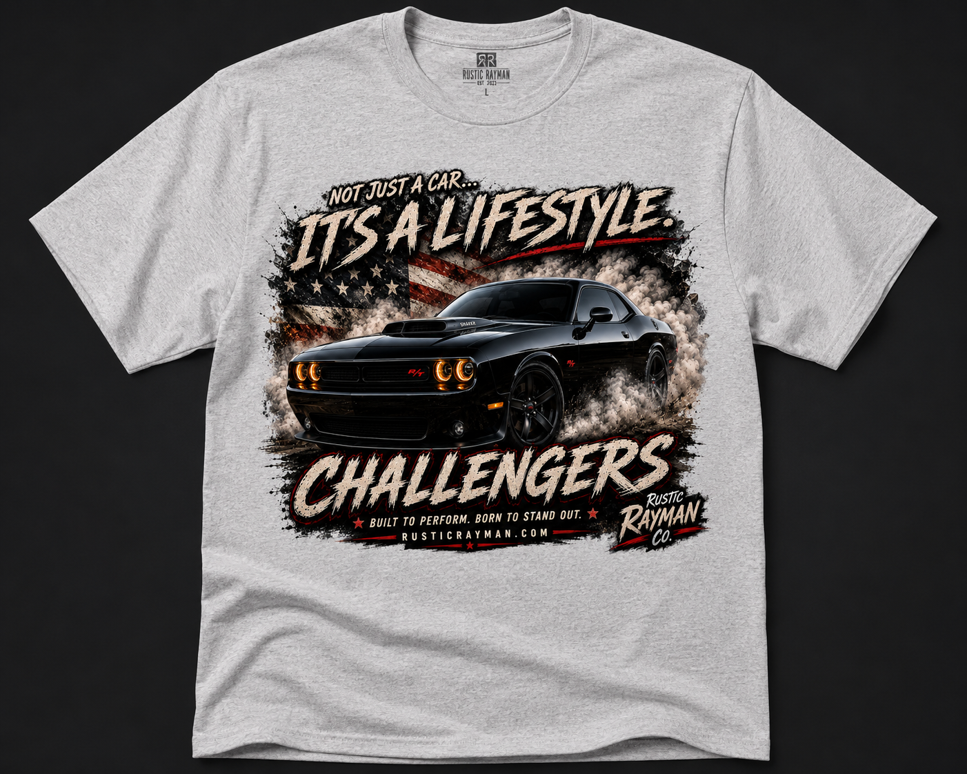 Challenger Performance T-Shirt | Rustic Rayman Performance Collection | Muscle Car Graphic Tee | Car Enthusiast Shirt