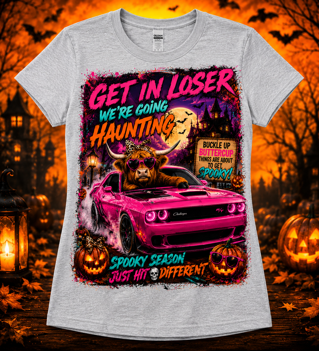 Get In Loser, We’re Going Haunting | Highland Cow Halloween T-Shirt & Crewneck
