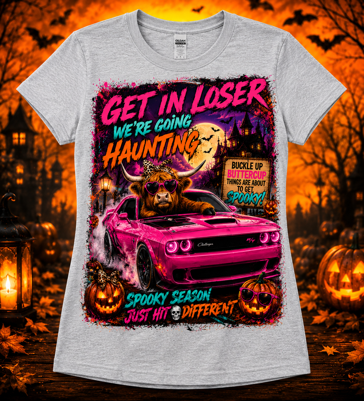 Get In Loser, We’re Going Haunting | Highland Cow Halloween T-Shirt & Crewneck