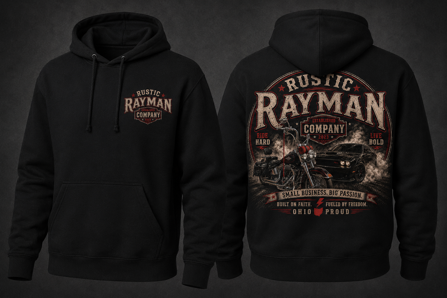 ⸻

Rustic Rayman Company – Ride Hard, Live Bold Hoodie