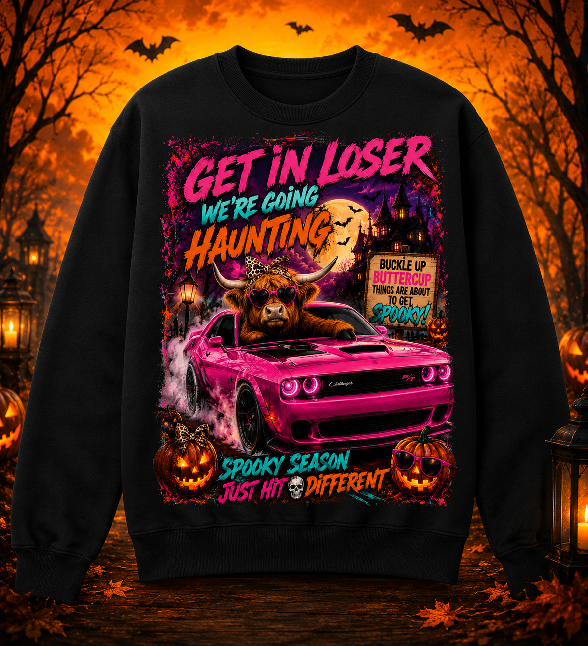 Get In Loser, We’re Going Haunting | Highland Cow Halloween T-Shirt & Crewneck
